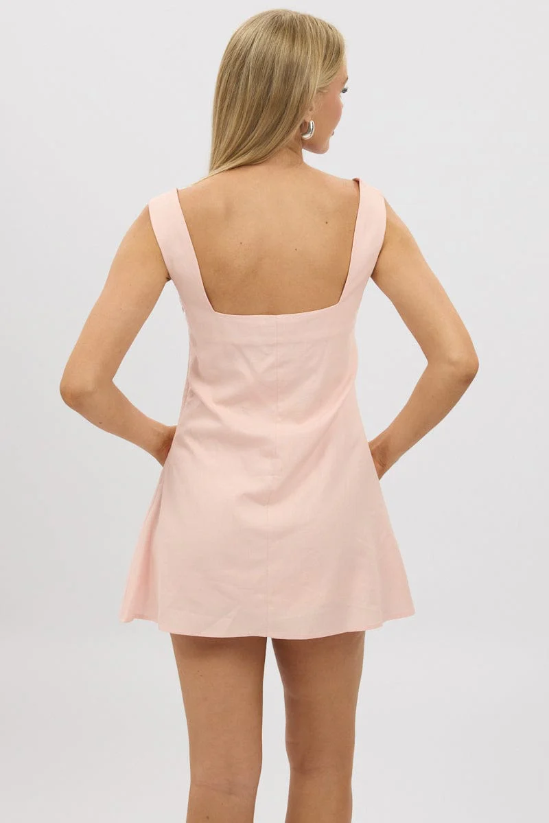 Pink Mini Dress Square Neck Mini Ribbon Detail - Image 5