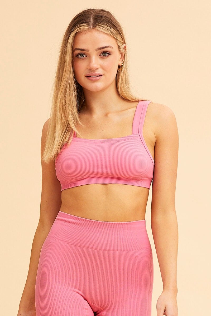 Pink Nico Seamless Rib Straight Neck Crop Top - Image 3