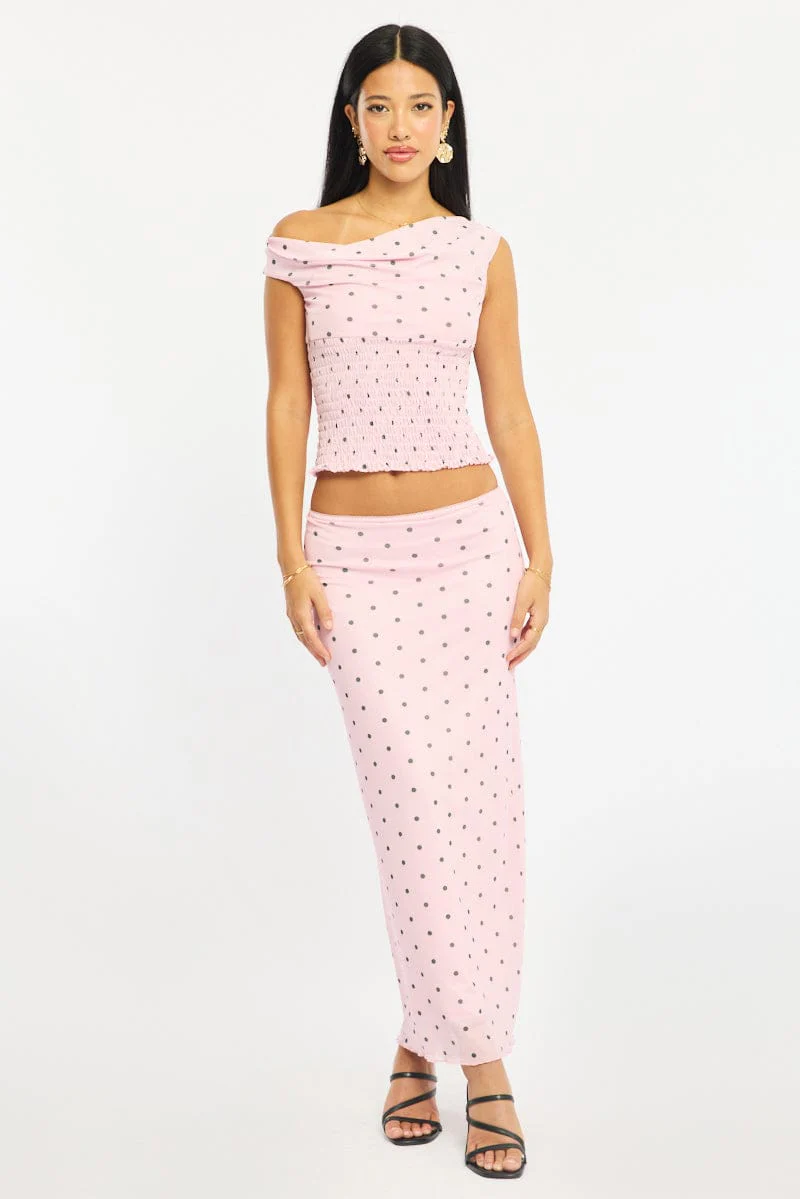 Pink Polka Dot Mesh Skirt Elasticated Picot Trim Midaxi