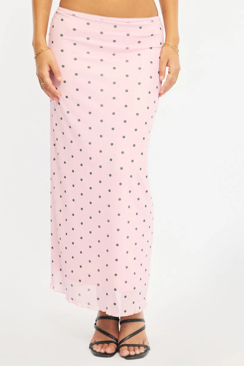 Pink Polka Dot Mesh Skirt Elasticated Picot Trim Midaxi - Image 2
