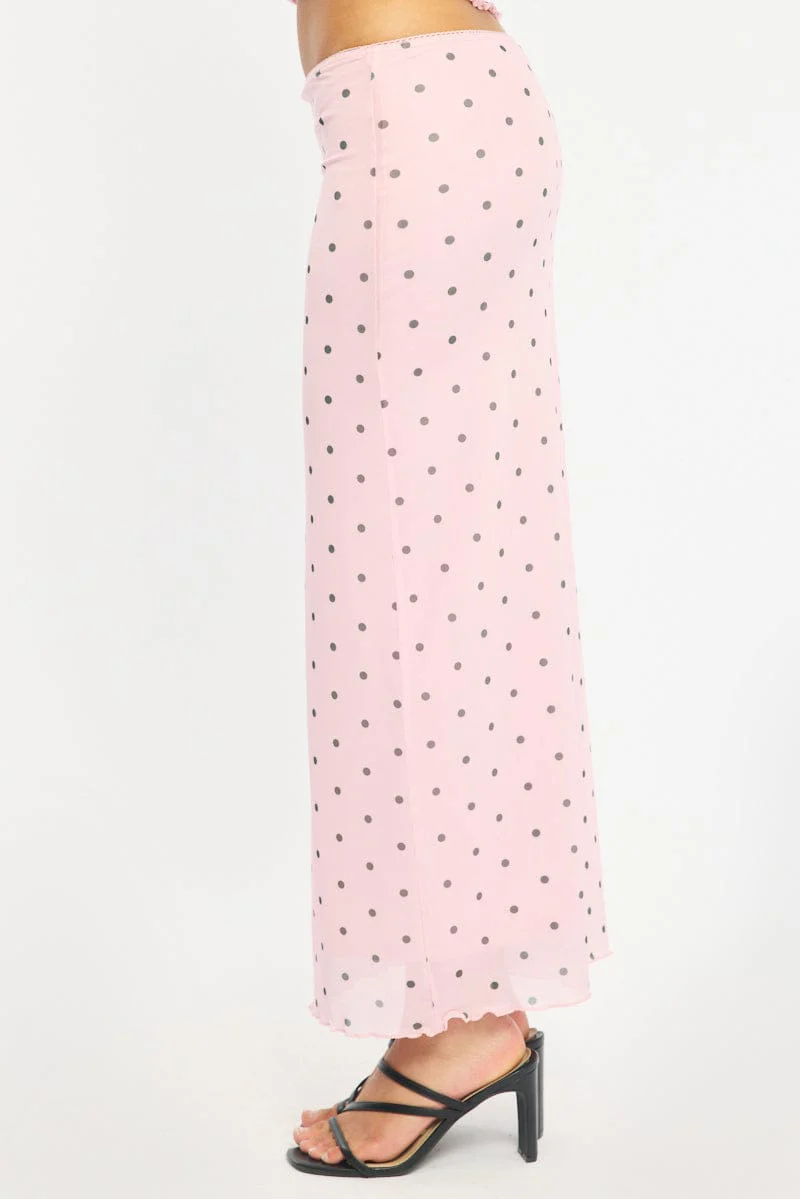 Pink Polka Dot Mesh Skirt Elasticated Picot Trim Midaxi - Image 3