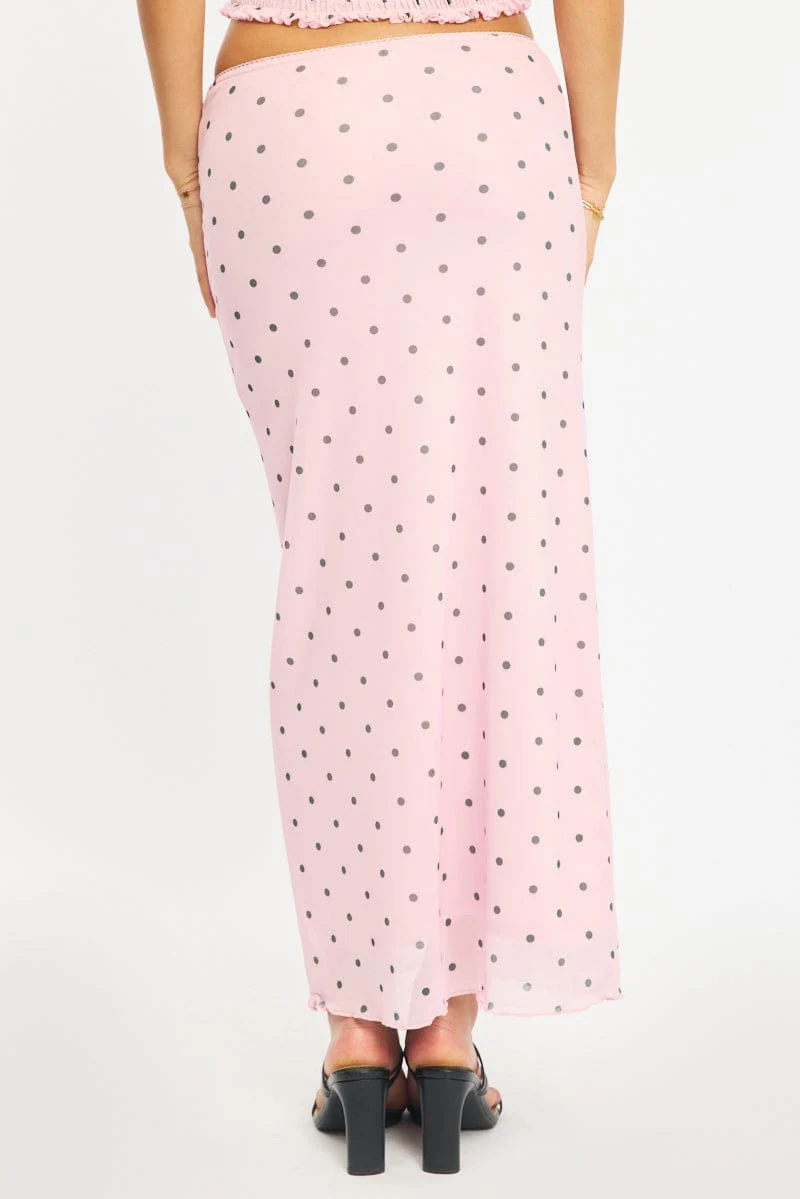 Pink Polka Dot Mesh Skirt Elasticated Picot Trim Midaxi - Image 4