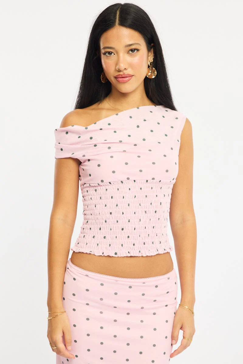 Pink Polka Dot One Shoulder Polka Dot Mesh Top