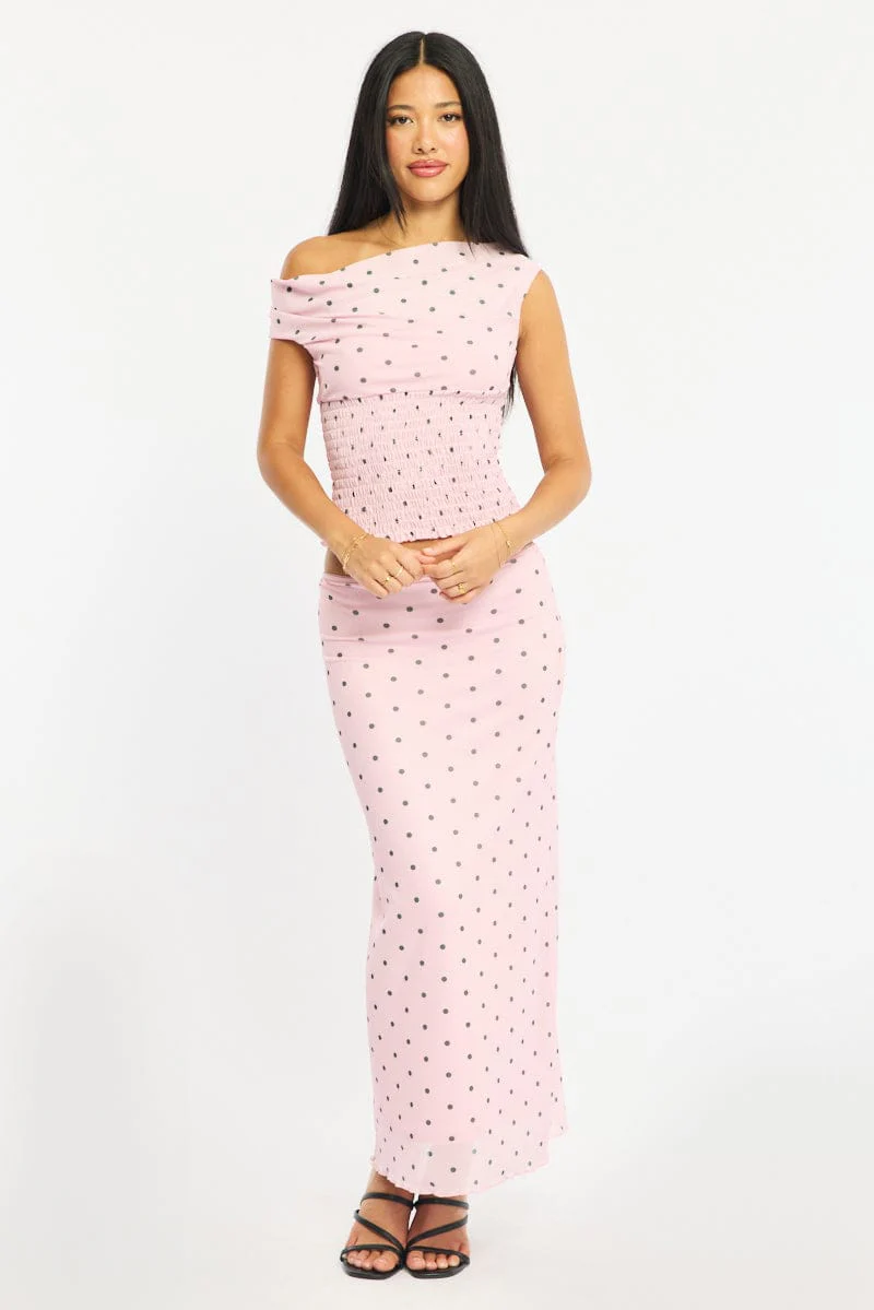Pink Polka Dot One Shoulder Polka Dot Mesh Top - Image 2