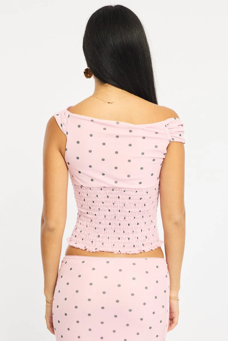 Pink Polka Dot One Shoulder Polka Dot Mesh Top - Image 4