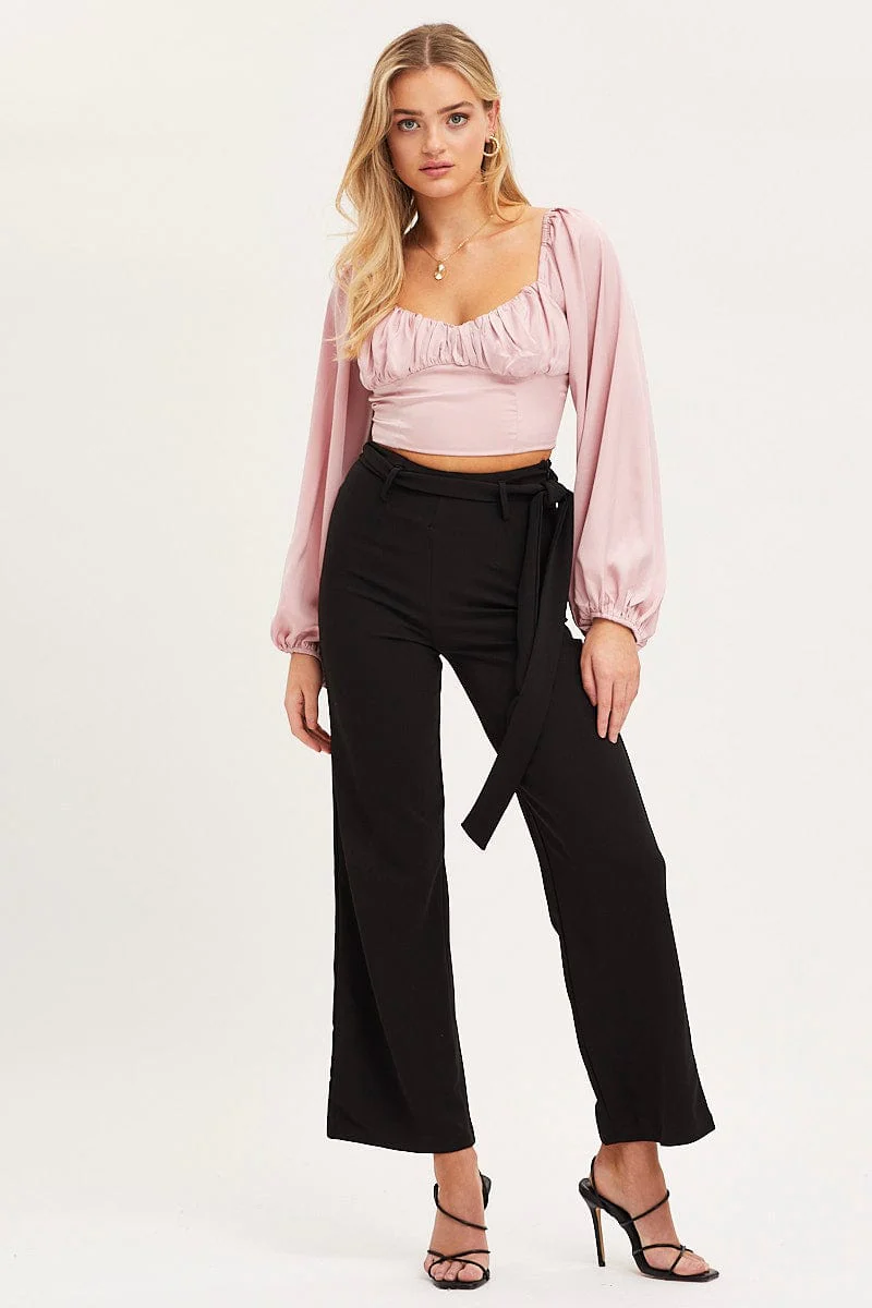 Pink Puff Sleeve Top Long Sleeve Crop Satin - Image 2