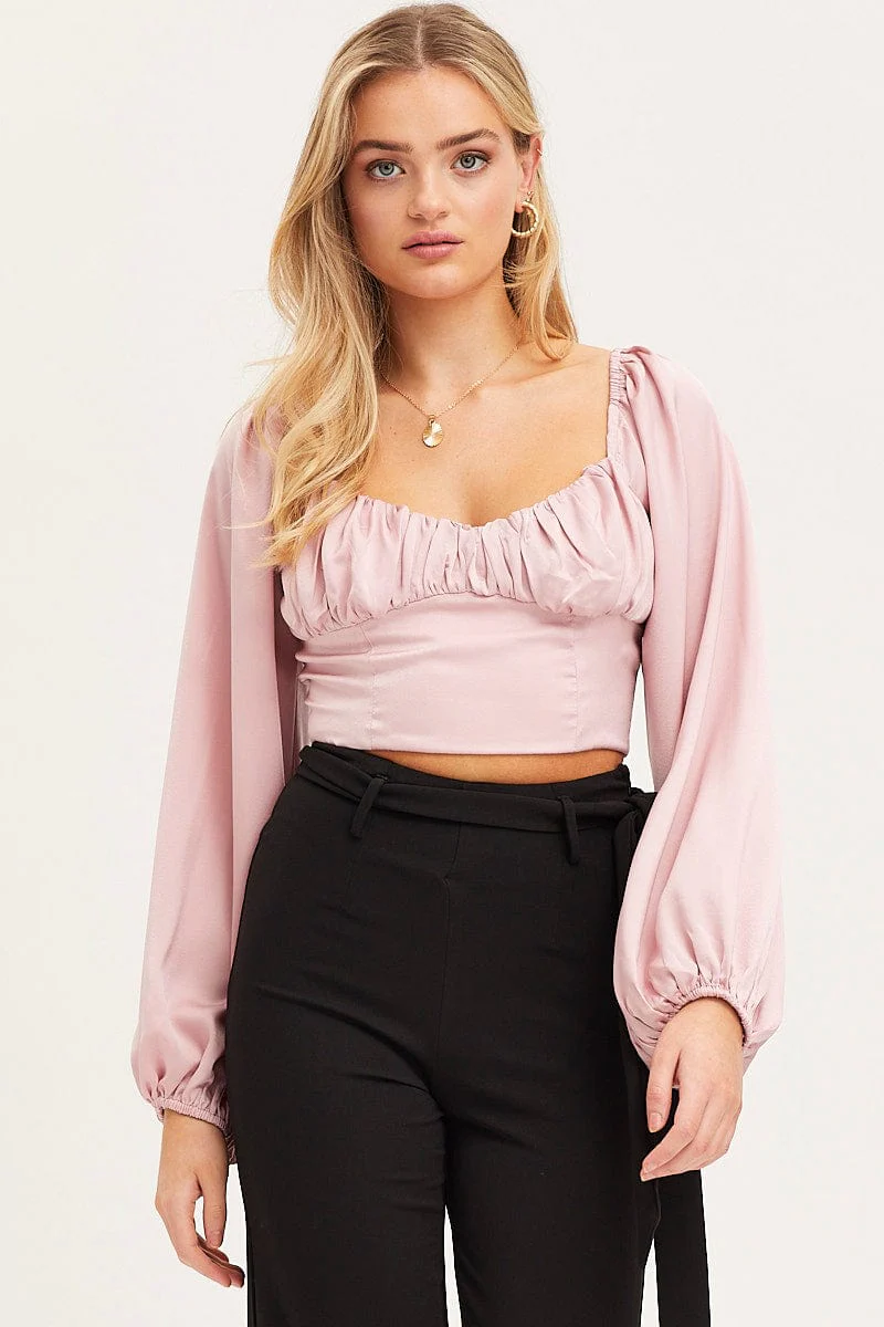 Pink Puff Sleeve Top Long Sleeve Crop Satin - Image 3
