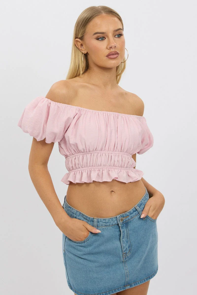 Pink Ruffle Crop Top Puff Sleeve - Image 2