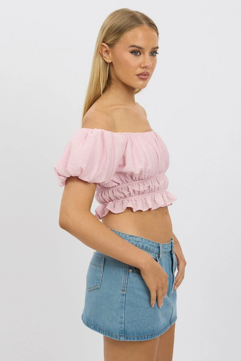 Pink Ruffle Crop Top Puff Sleeve - Image 4