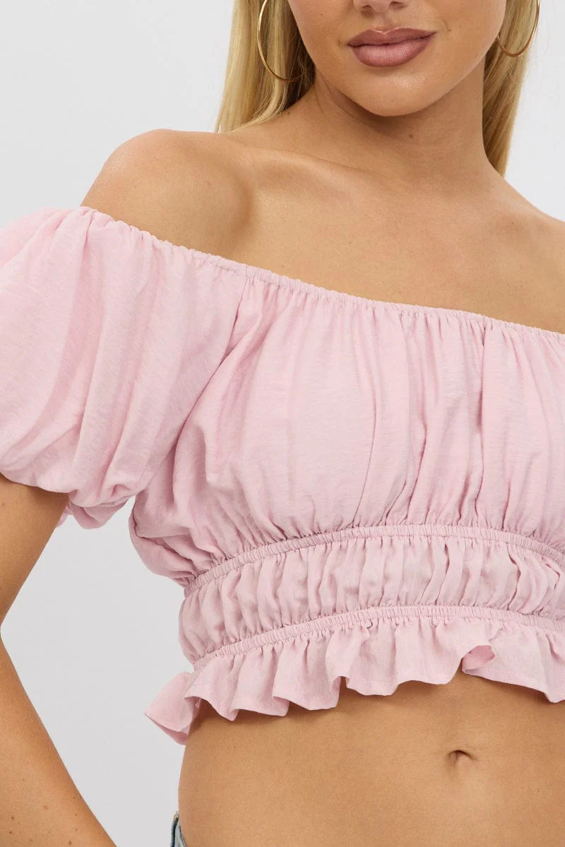 Pink Ruffle Crop Top Puff Sleeve - Image 6