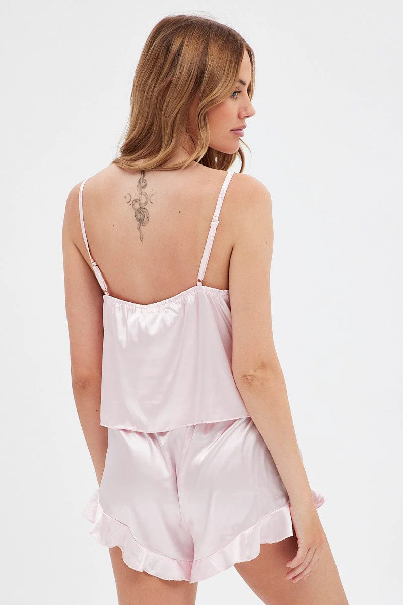 Pink Satin Cami And Ruffle Shorts Pyjama Set - Image 5