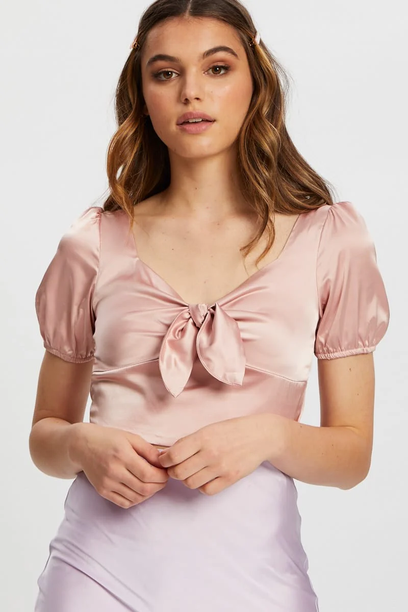 Pink Satin Puff Sleeve Crop Top - Image 5