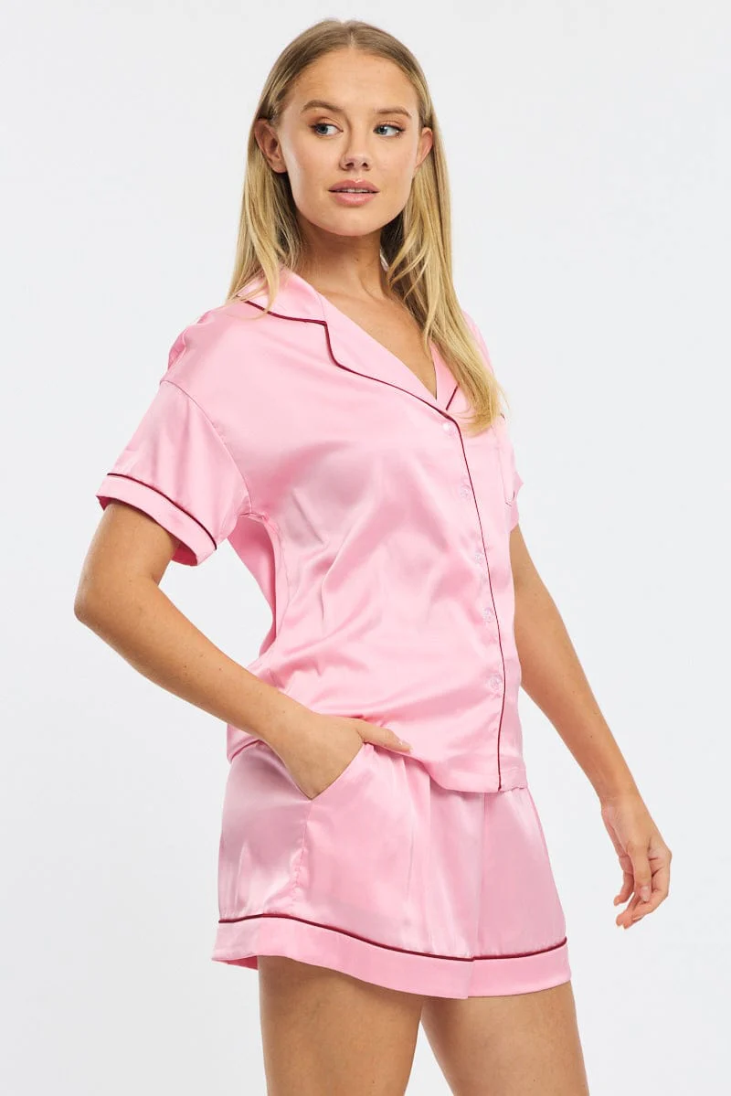 Pink Satin Pyjamas Set Short Sleeve - Image 3