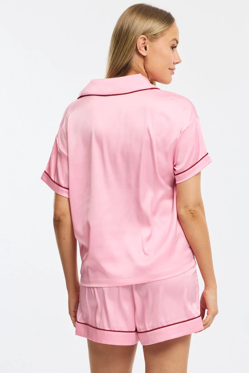 Pink Satin Pyjamas Set Short Sleeve - Image 4