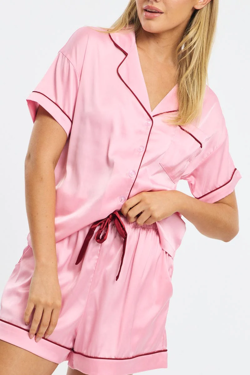 Pink Satin Pyjamas Set Short Sleeve - Image 5