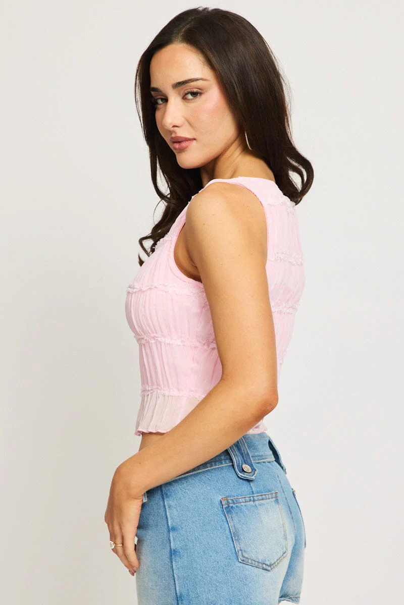 Pink Shirred Singlet Boat Neck Longline - Image 3