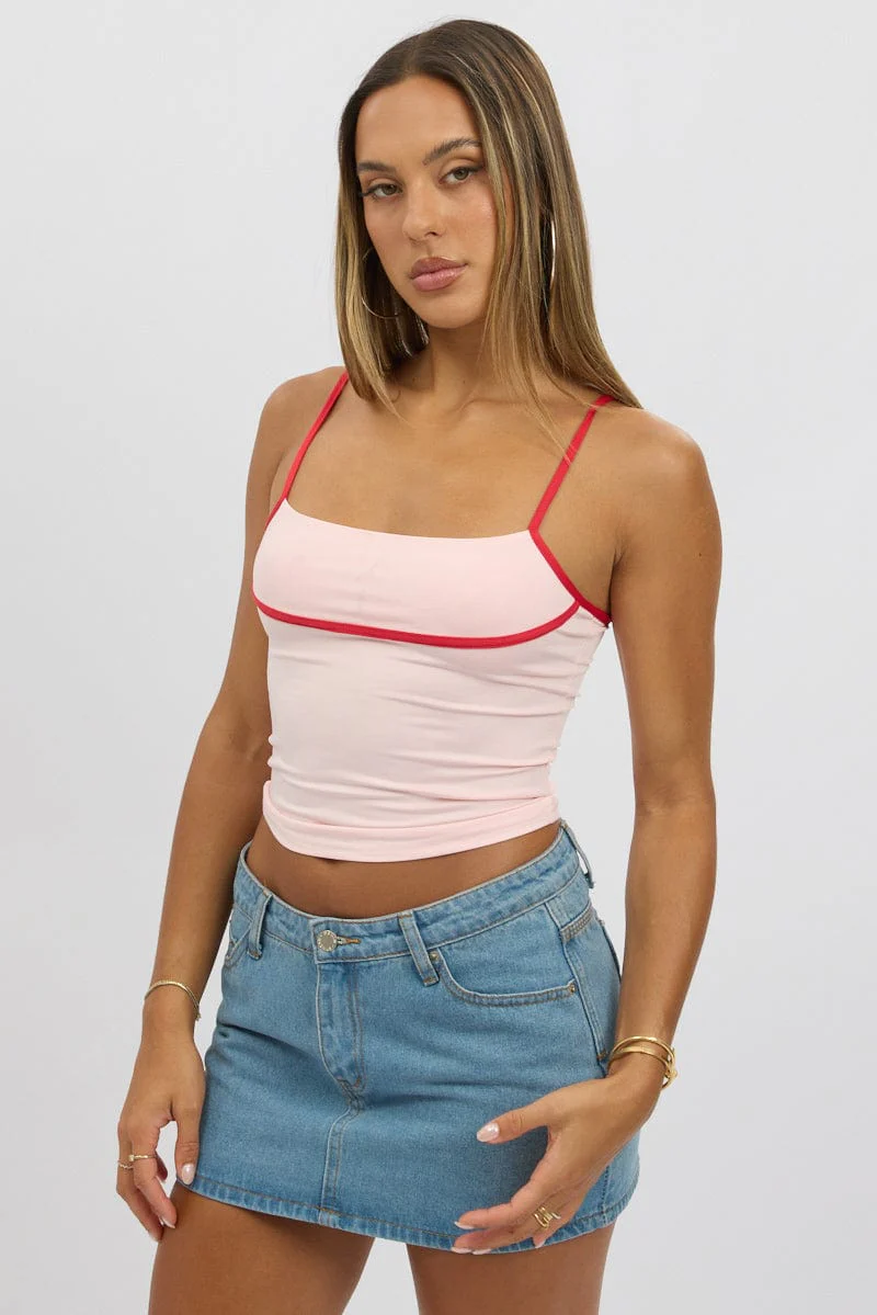 Pink Singlet Top Contrast Piping - Image 3