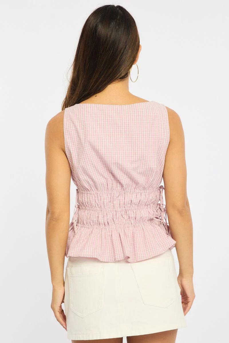 Pink Sleeveless Boat Neck Check Top - Image 4