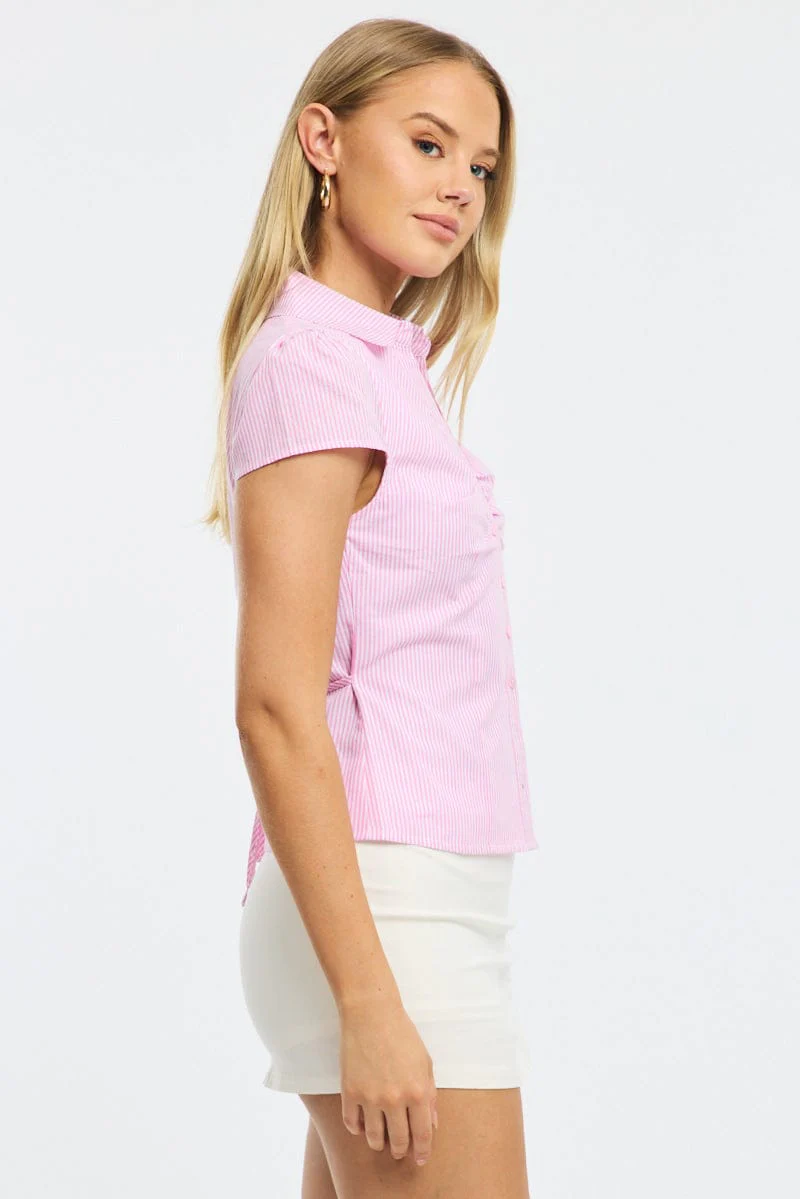 Pink Stripe Button Up Shirt Short Sleeve Collared Tie Back - Image 3