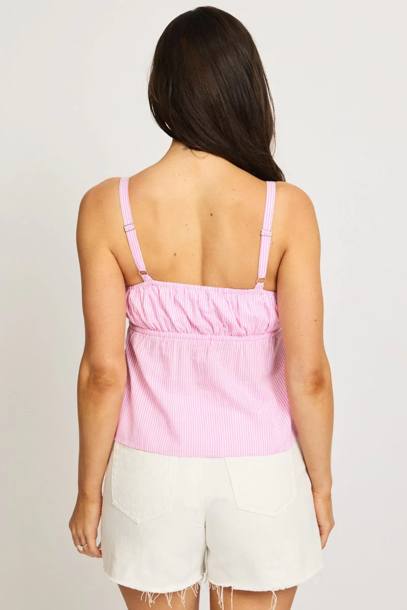 Pink Stripe Cami Top Sleeveless Front Tie Babydoll - Image 5