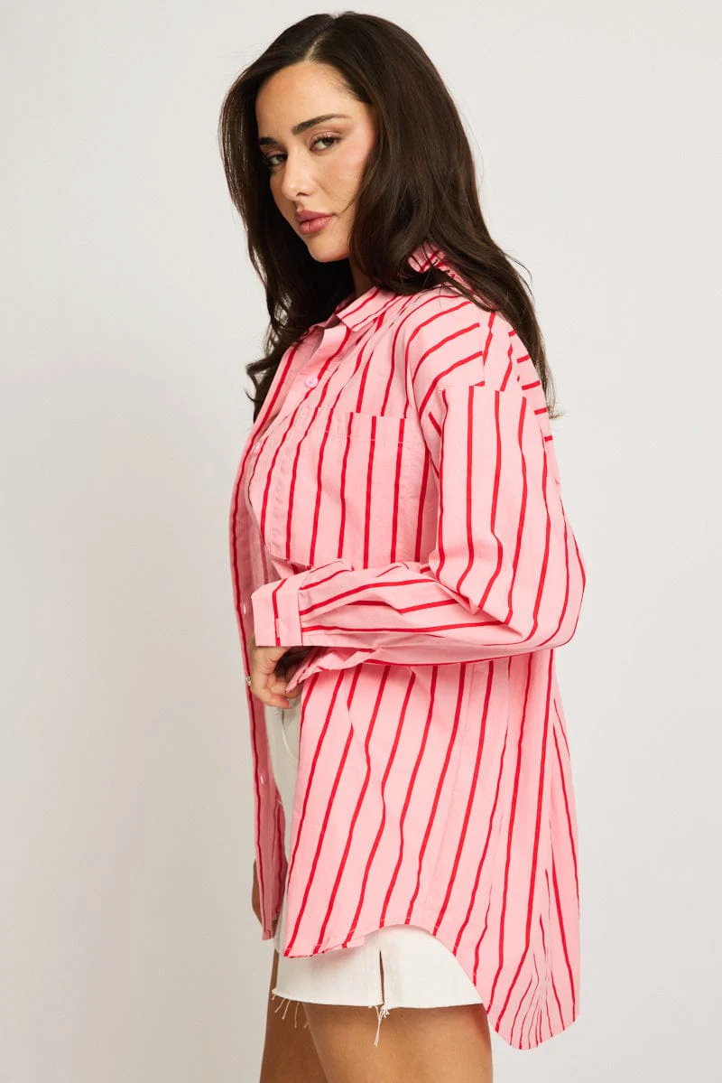 Pink Stripe Oversized Shirt Long Sleeve Collared - Image 4