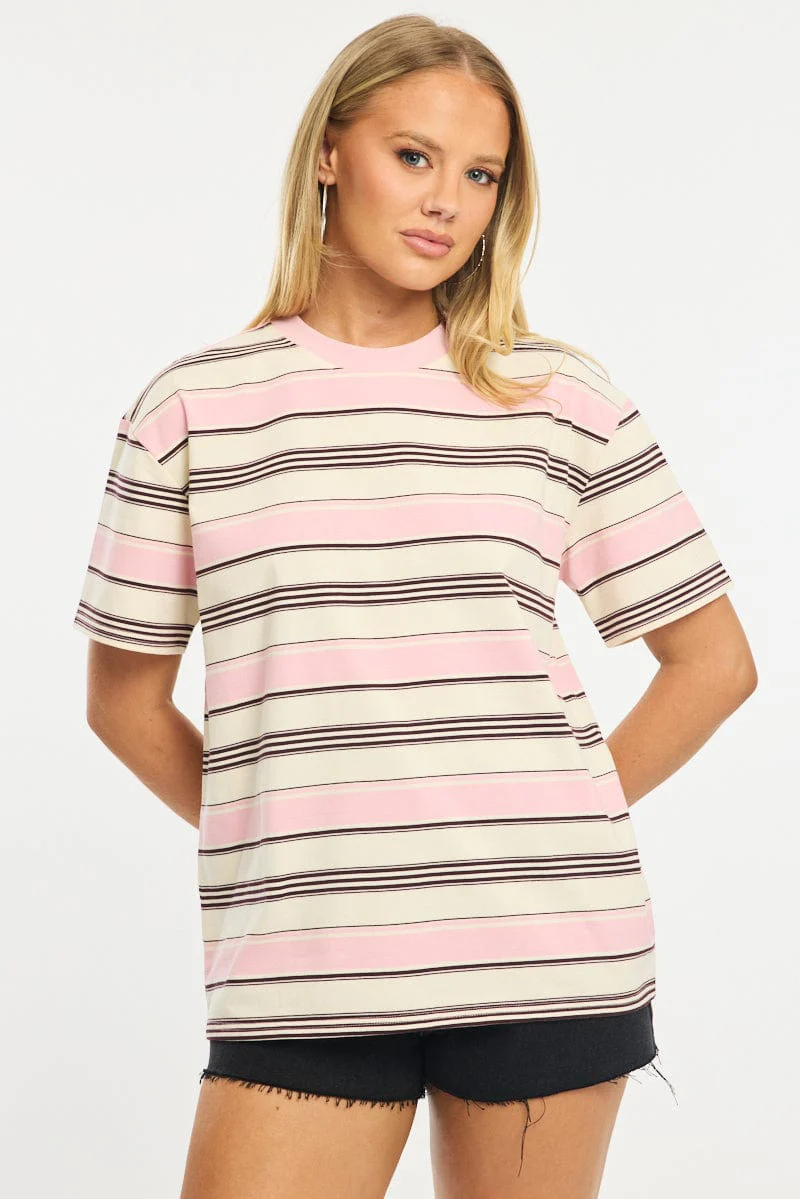 Pink Stripe Oversized Tee Short Sleeve