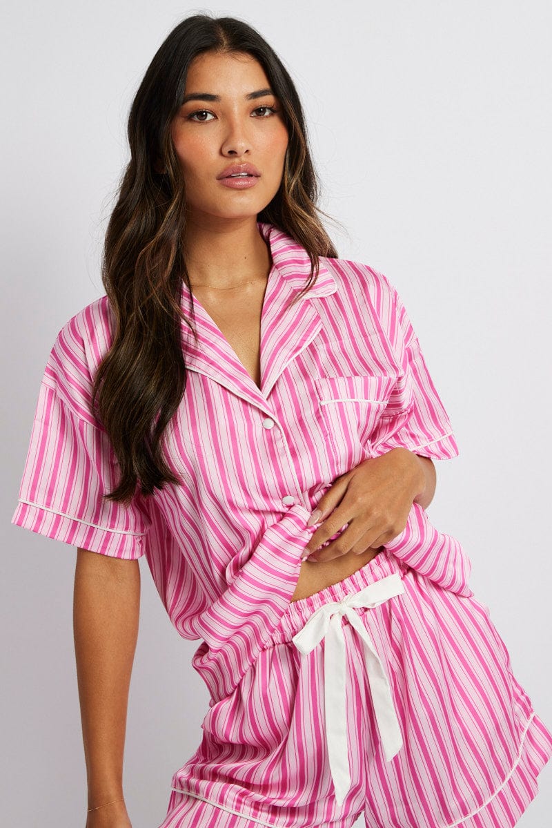 Pink Stripe Pyjama Set Multi Stripe Satin Piping PJ - Image 2