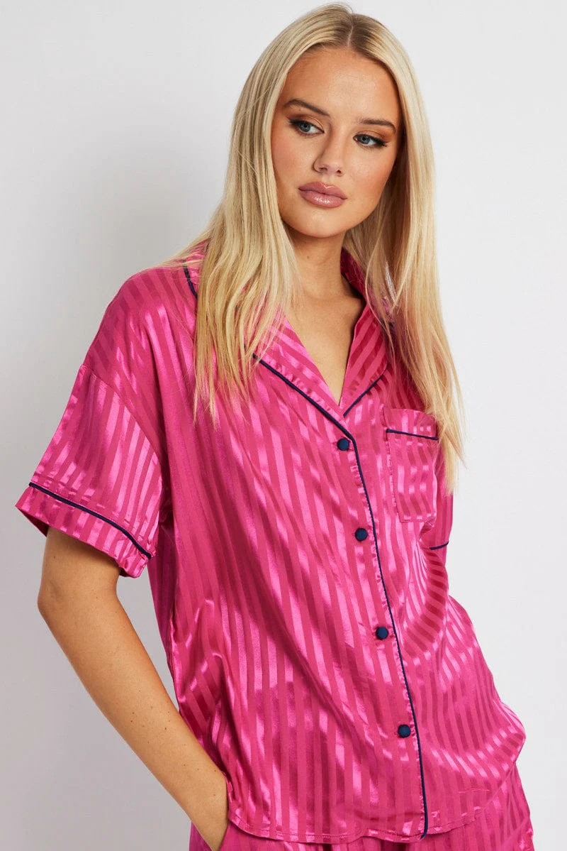 Pink Stripe Pyjama Set Stripe Satin Jacquard Navy Piping PJ - Image 3