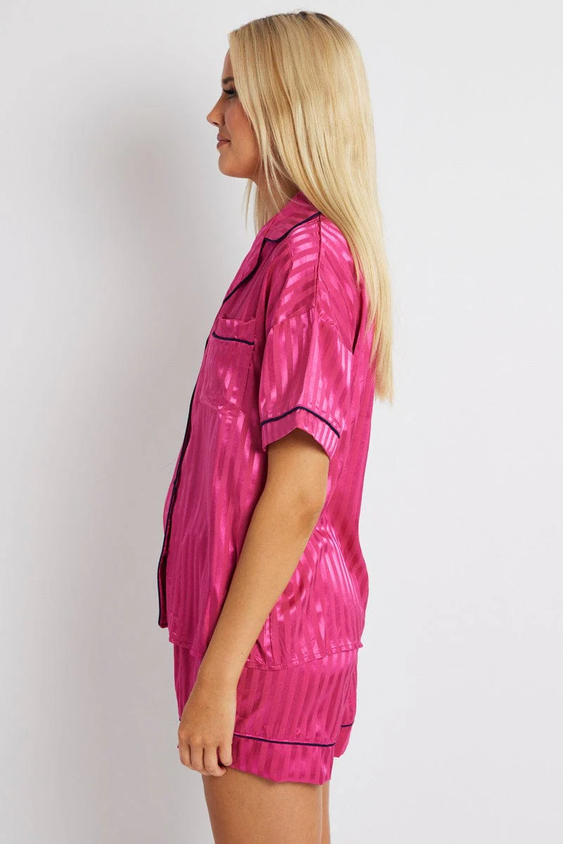 Pink Stripe Pyjama Set Stripe Satin Jacquard Navy Piping PJ - Image 4