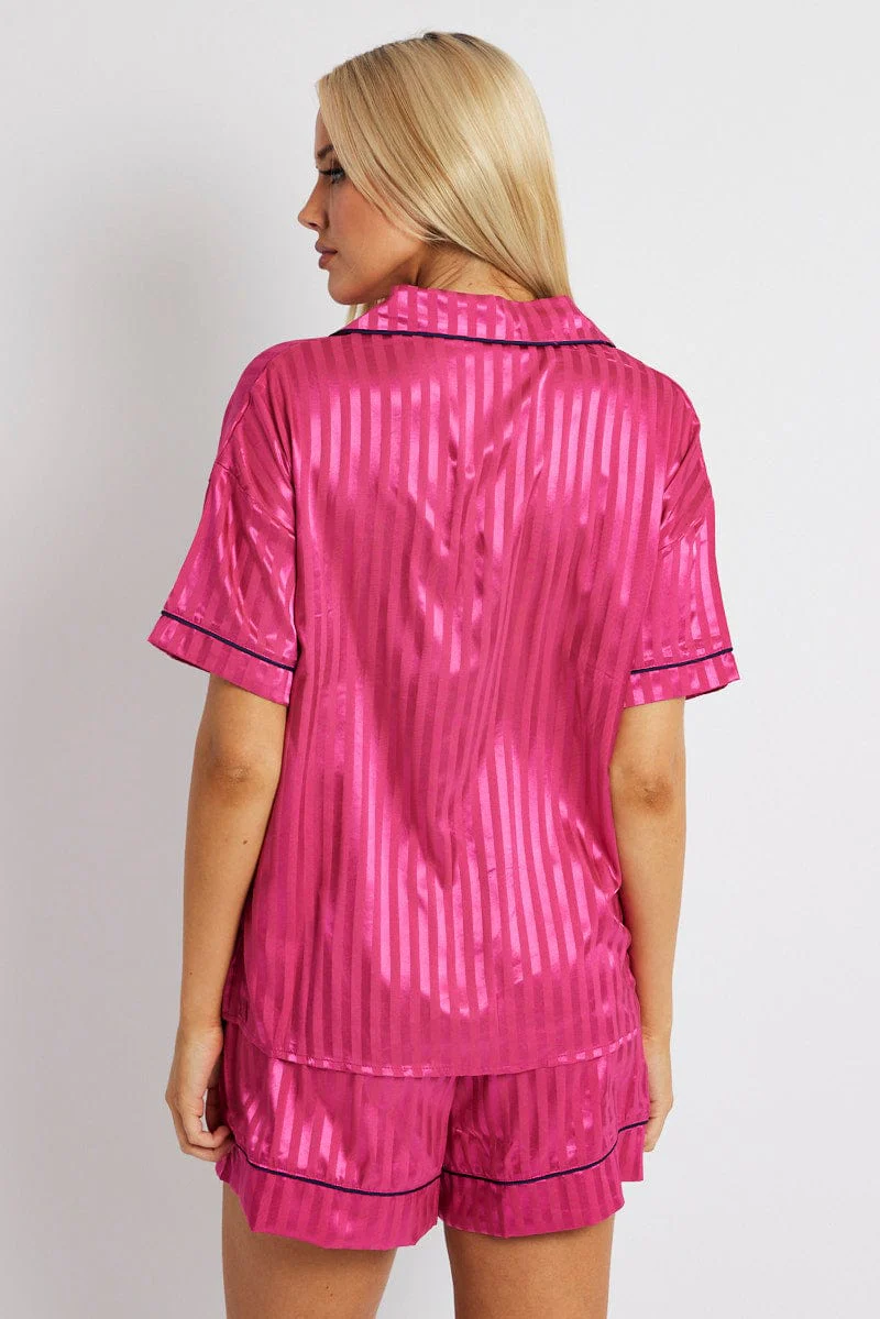 Pink Stripe Pyjama Set Stripe Satin Jacquard Navy Piping PJ - Image 5