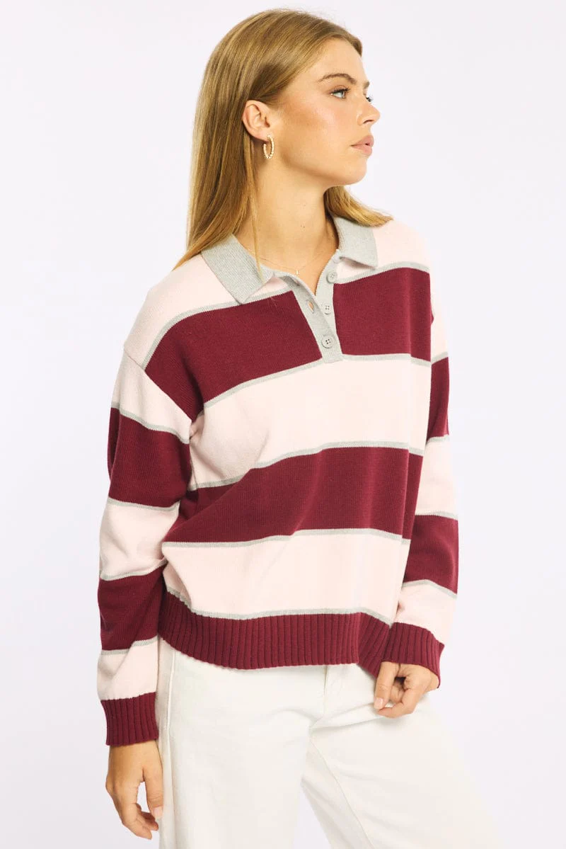 Pink Stripe Stripe Knit Long Sleeve Collared Rugby Jersey - Image 3