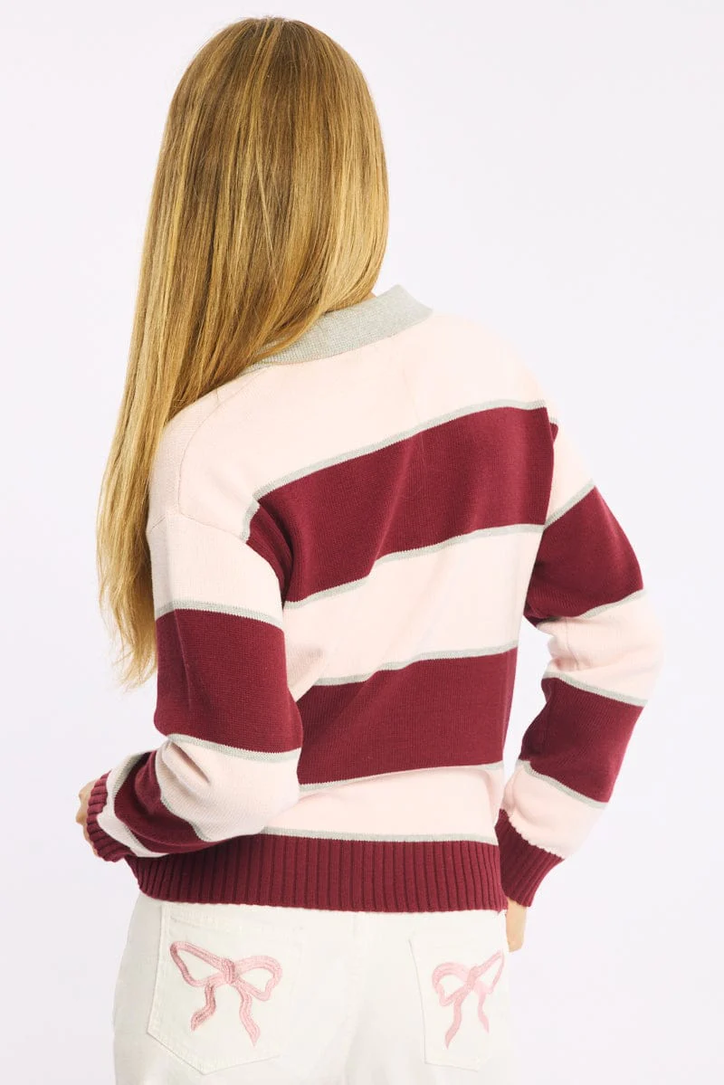 Pink Stripe Stripe Knit Long Sleeve Collared Rugby Jersey - Image 4