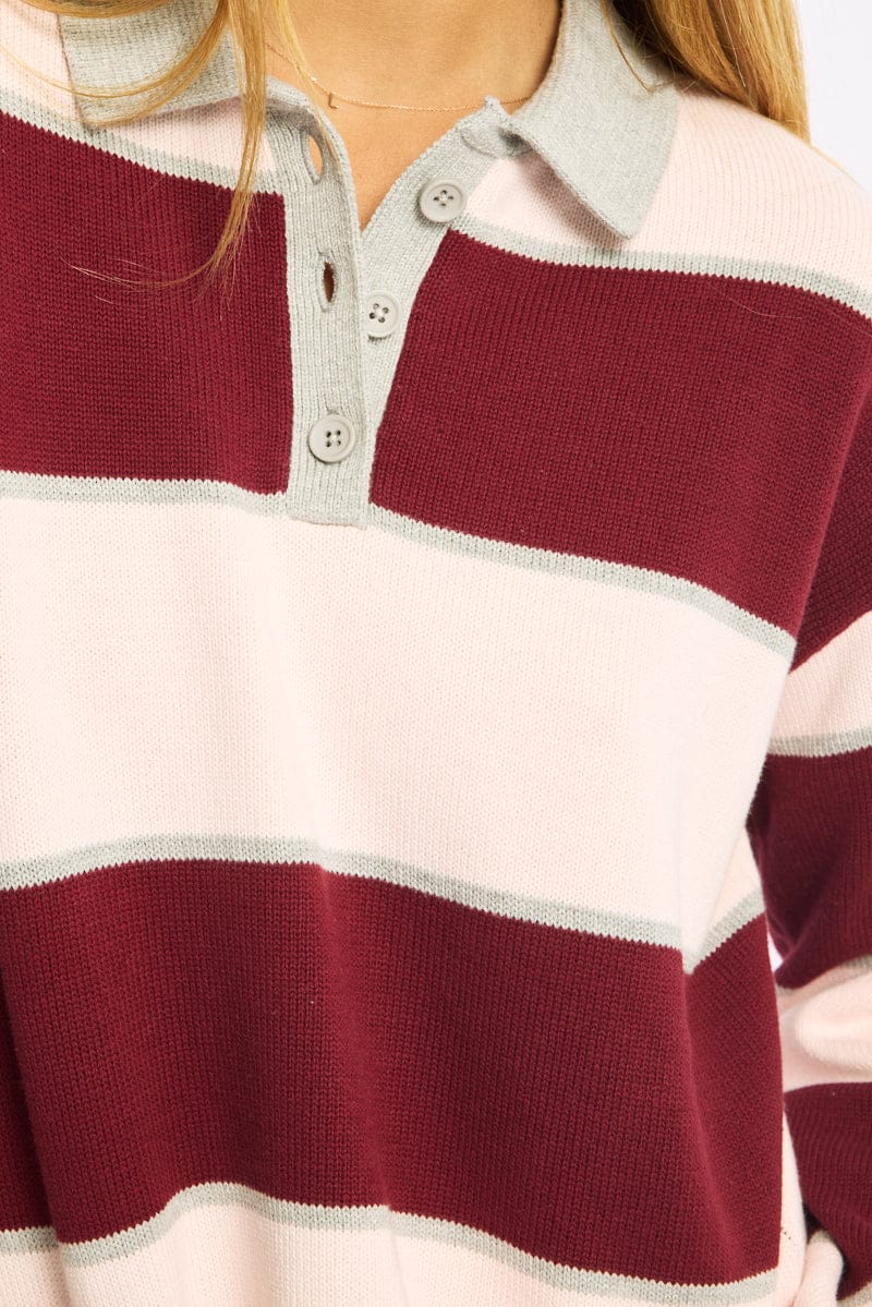 Pink Stripe Stripe Knit Long Sleeve Collared Rugby Jersey - Image 5