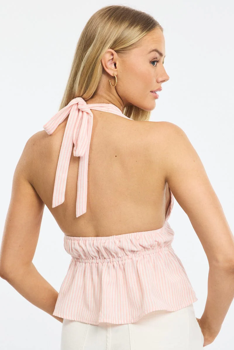 Pink Stripe Tie Up Vest Halter Neck - Image 5