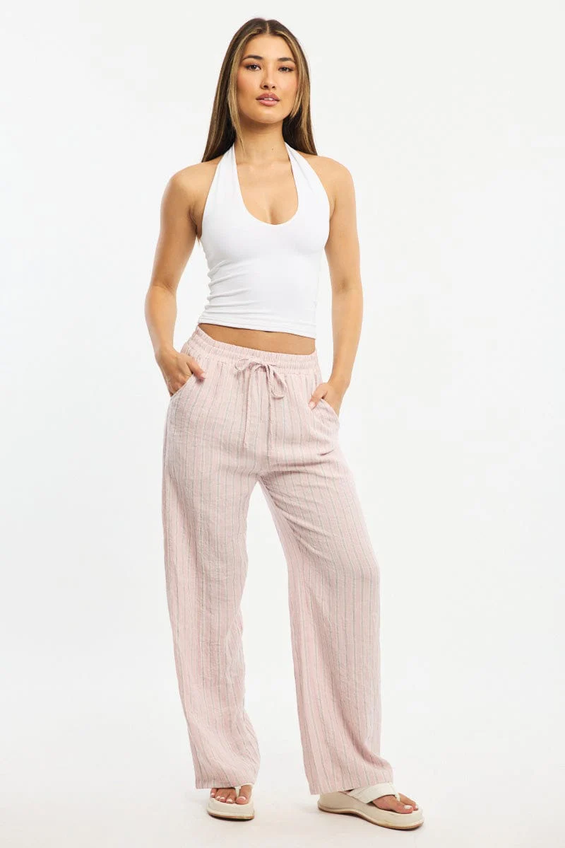 Pink Stripe Wide Leg Pants Elasticated Waist - Image 2