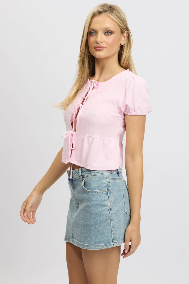 Pink Tie Front Top Puff Sleeve - Image 4