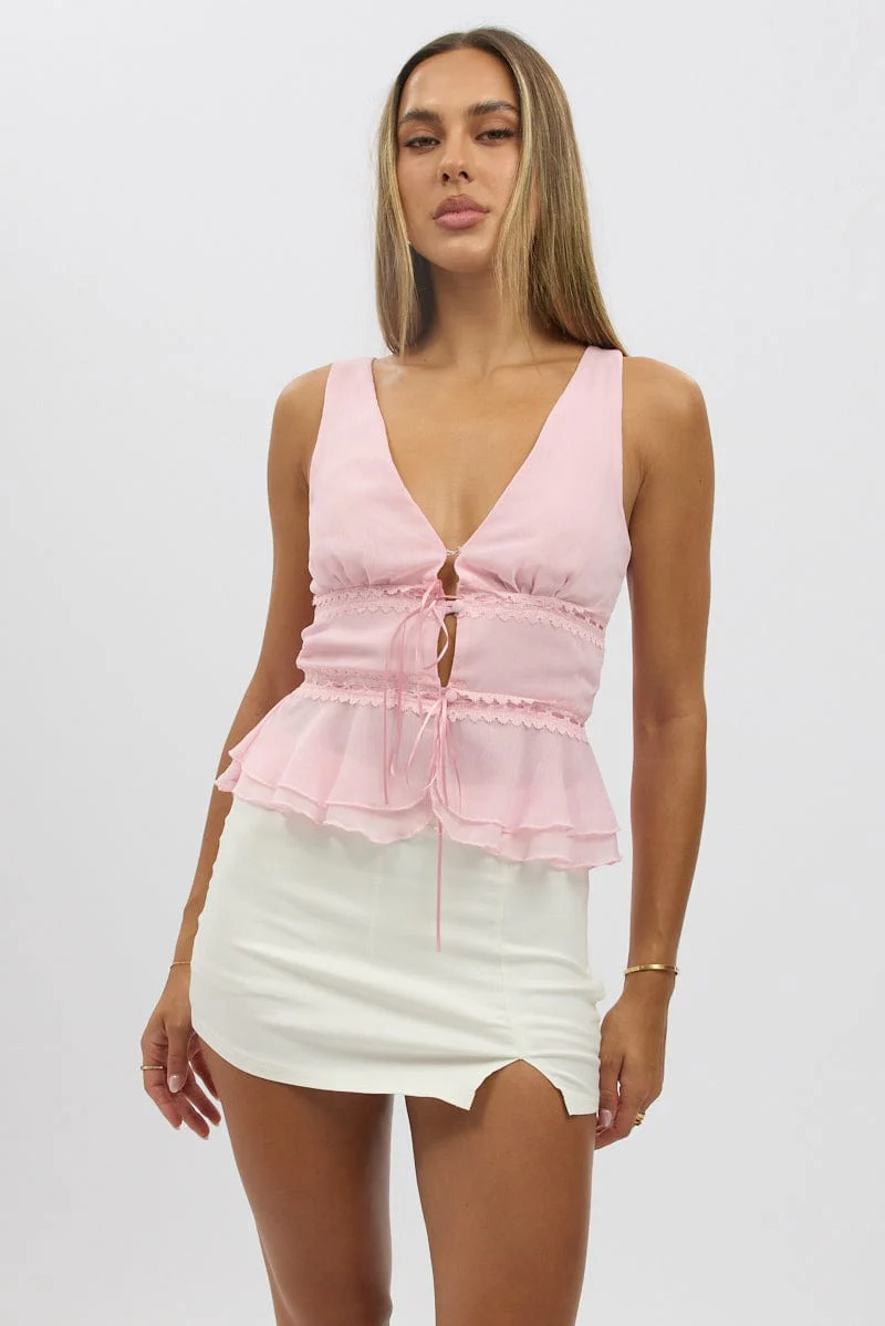 Pink Tie Front Top Sleeveless Chiffon - Image 3