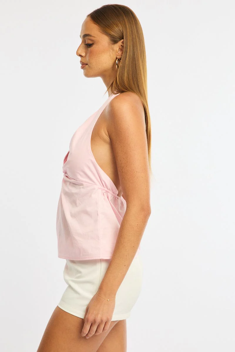 Pink Twist Halter Top Sleeveless Cotton Poplin - Image 3
