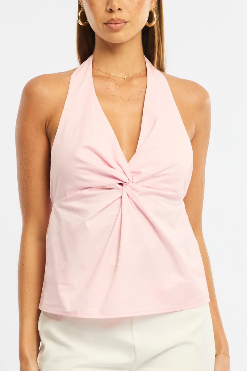 Pink Twist Halter Top Sleeveless Cotton Poplin - Image 5