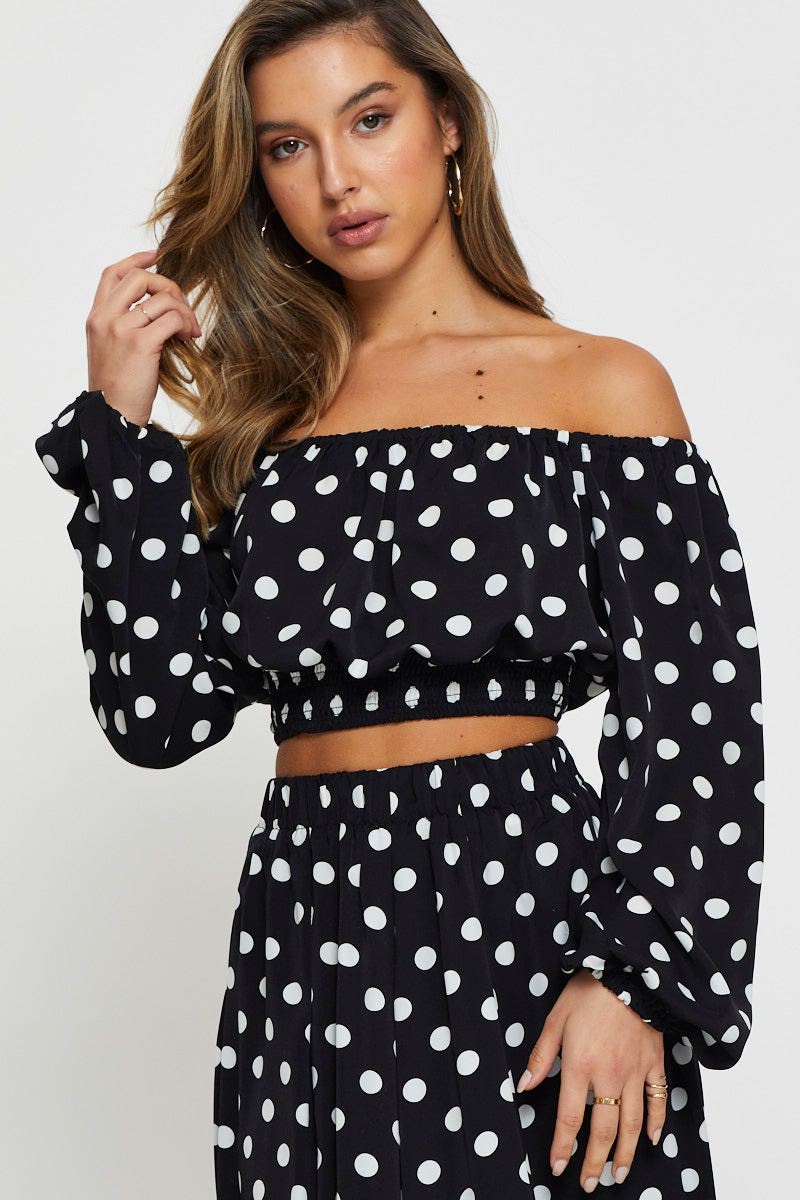 Polka Dot Crop Top Long Sleeve Off Shoulder - Image 5