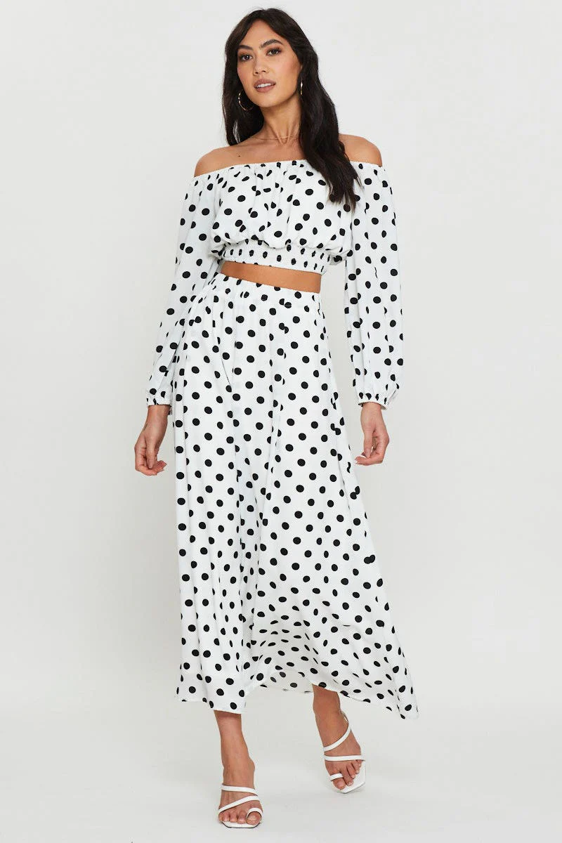 Polka Dot Crop Top Long Sleeve Off Shoulder - Image 2