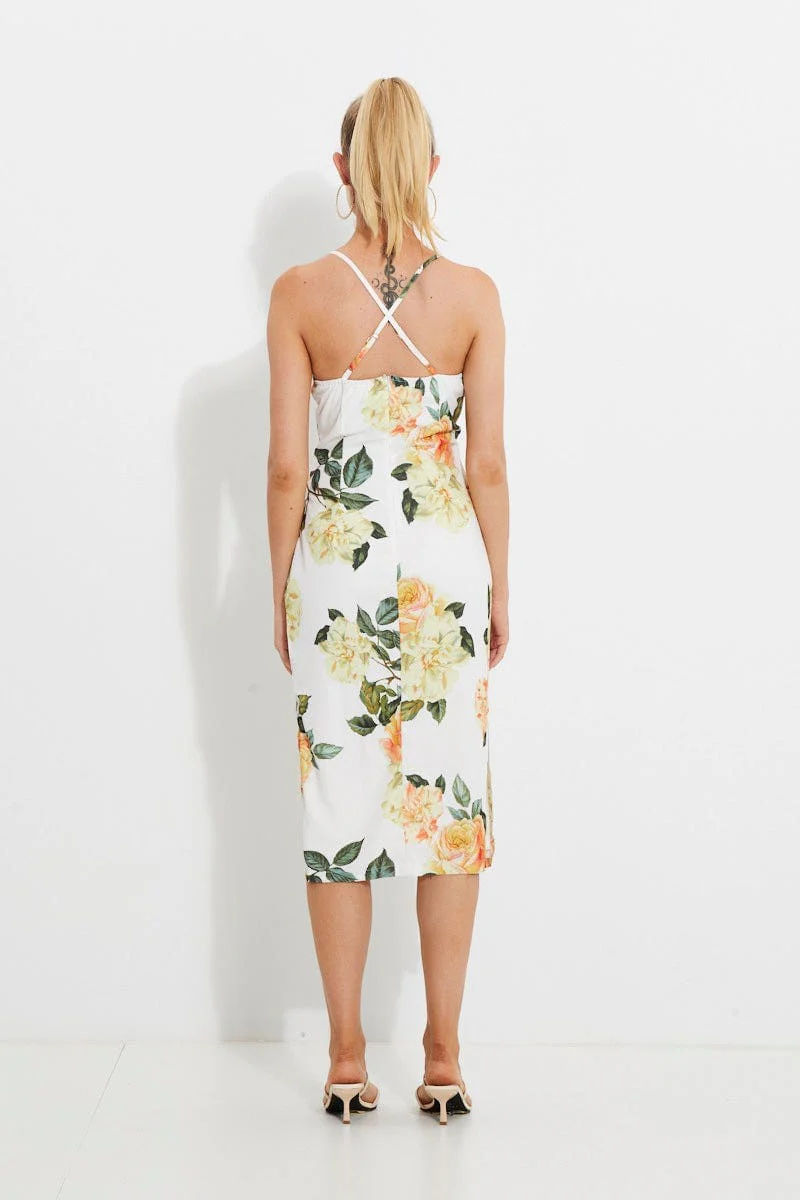 Print Designer Yellow Rose Racer Neck Slip Midi Dress - Image 11