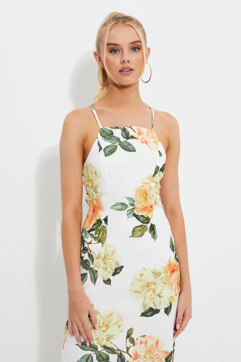 Print Designer Yellow Rose Racer Neck Slip Midi Dress - Image 2