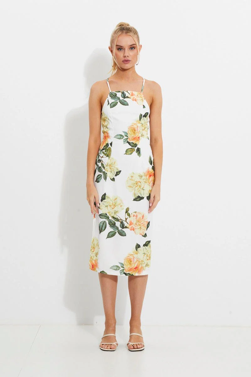 Print Designer Yellow Rose Racer Neck Slip Midi Dress - Image 7