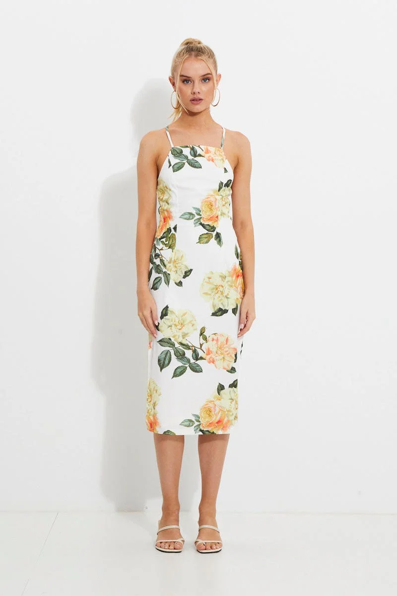 Print Designer Yellow Rose Racer Neck Slip Midi Dress - Image 9