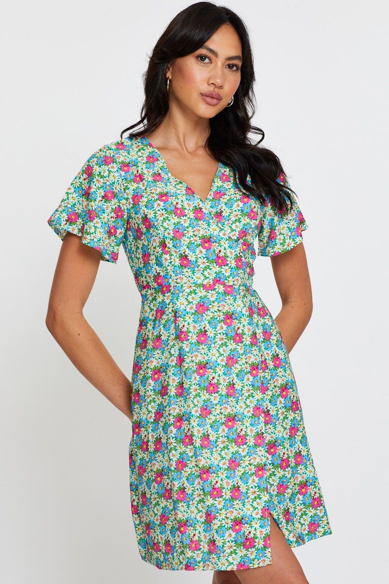Print Fit And Flare Dress Short Sleeve V Neck - Image 3