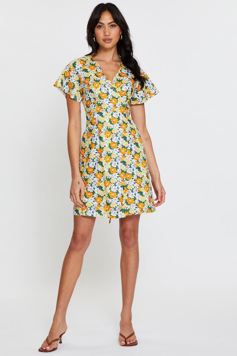 Print Fit And Flare Dress Short Sleeve V Neck - Image 2