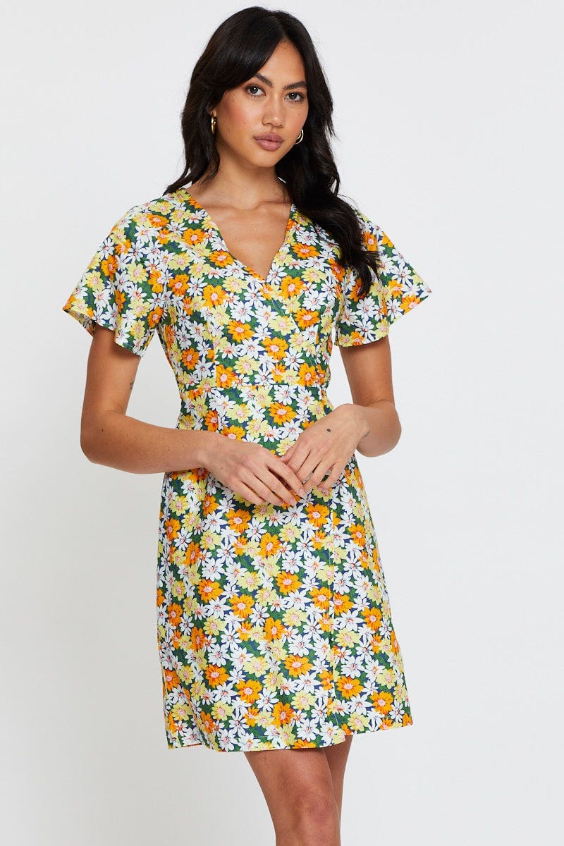 Print Fit And Flare Dress Short Sleeve V Neck - Image 3