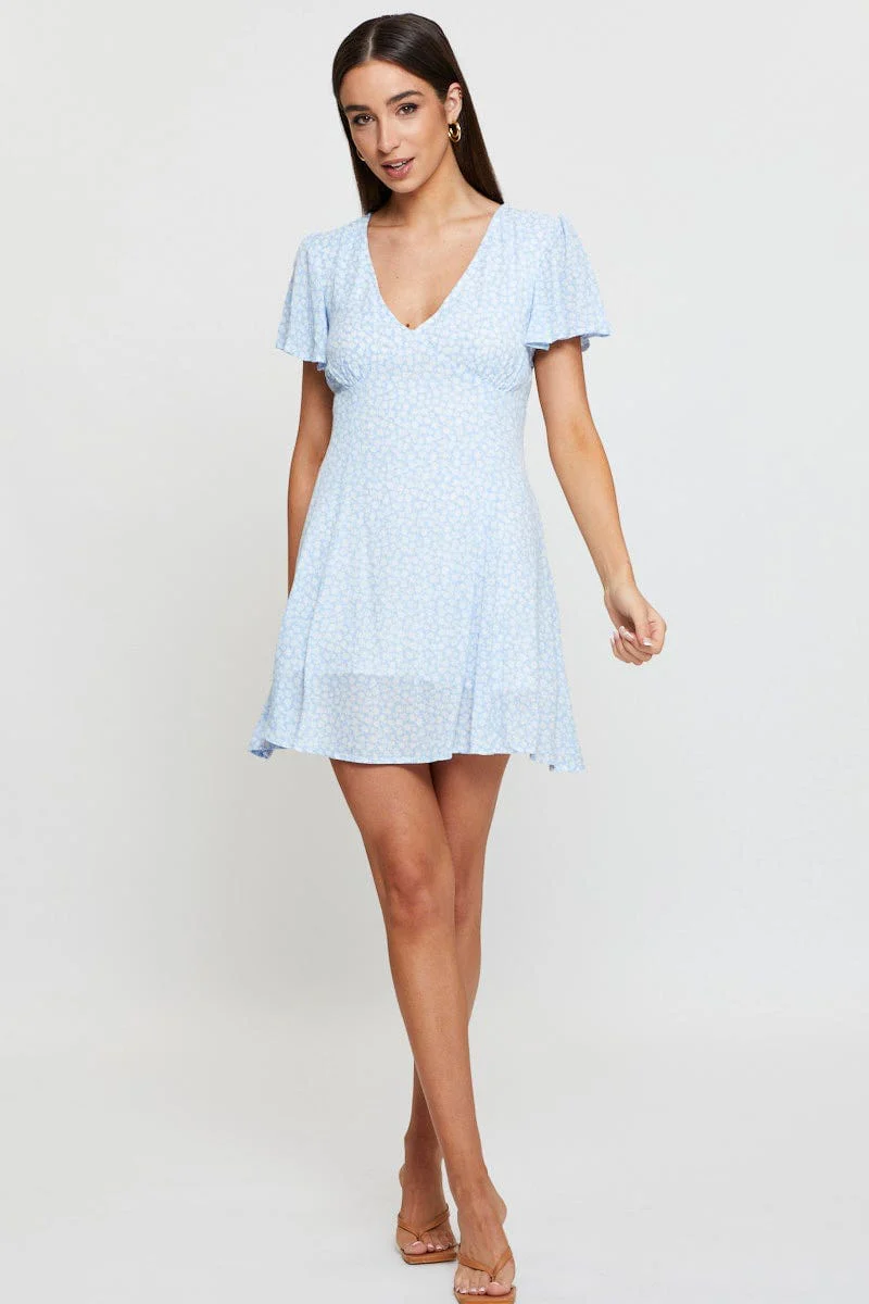 Print Fit And Flare Dress Short Sleeve V Neck - Image 2