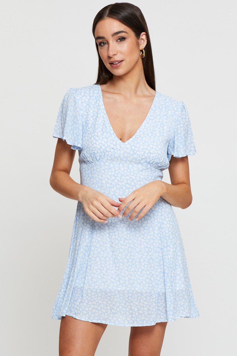 Print Fit And Flare Dress Short Sleeve V Neck - Image 3